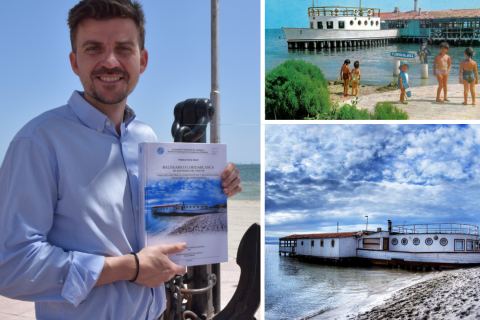 Composición con fotografía del exalumno premiado, posando con su TFG en el emplazamiento del balneario, que también vemos en su época de esplendor y varado.