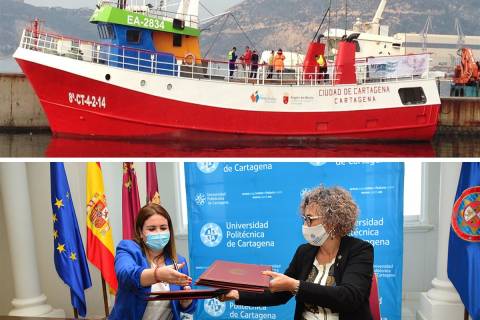 El barco Ciudad de Cartagena y la consejera y la rectora firmando el convenio.