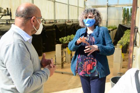 La rectora charlando con el director del IMIDA junto a un invernadero.