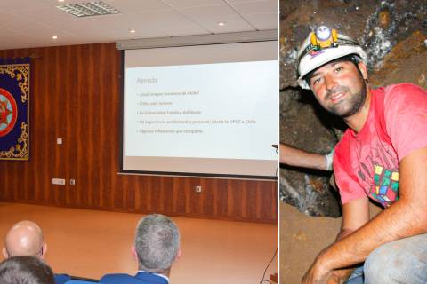 Imagen de Manuel durante su conferencia (izquierda) y durante la realización de trabajos en una mina en Chile (derecha)