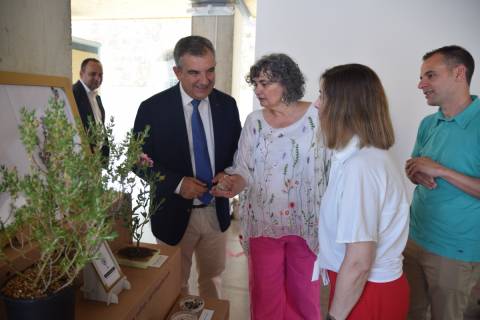 La investigadora responsable, María José Vicente, y la Rectora muestran al consejero un ejemplar de jara de Cartagena y una reproducción artesanal en papel.