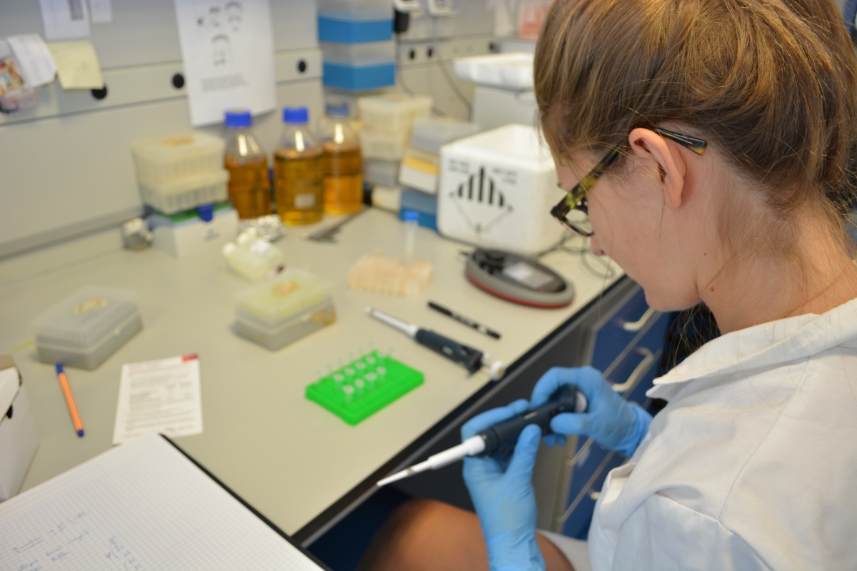 Una alumna realizando prácticas en un laboratorio de Genética.