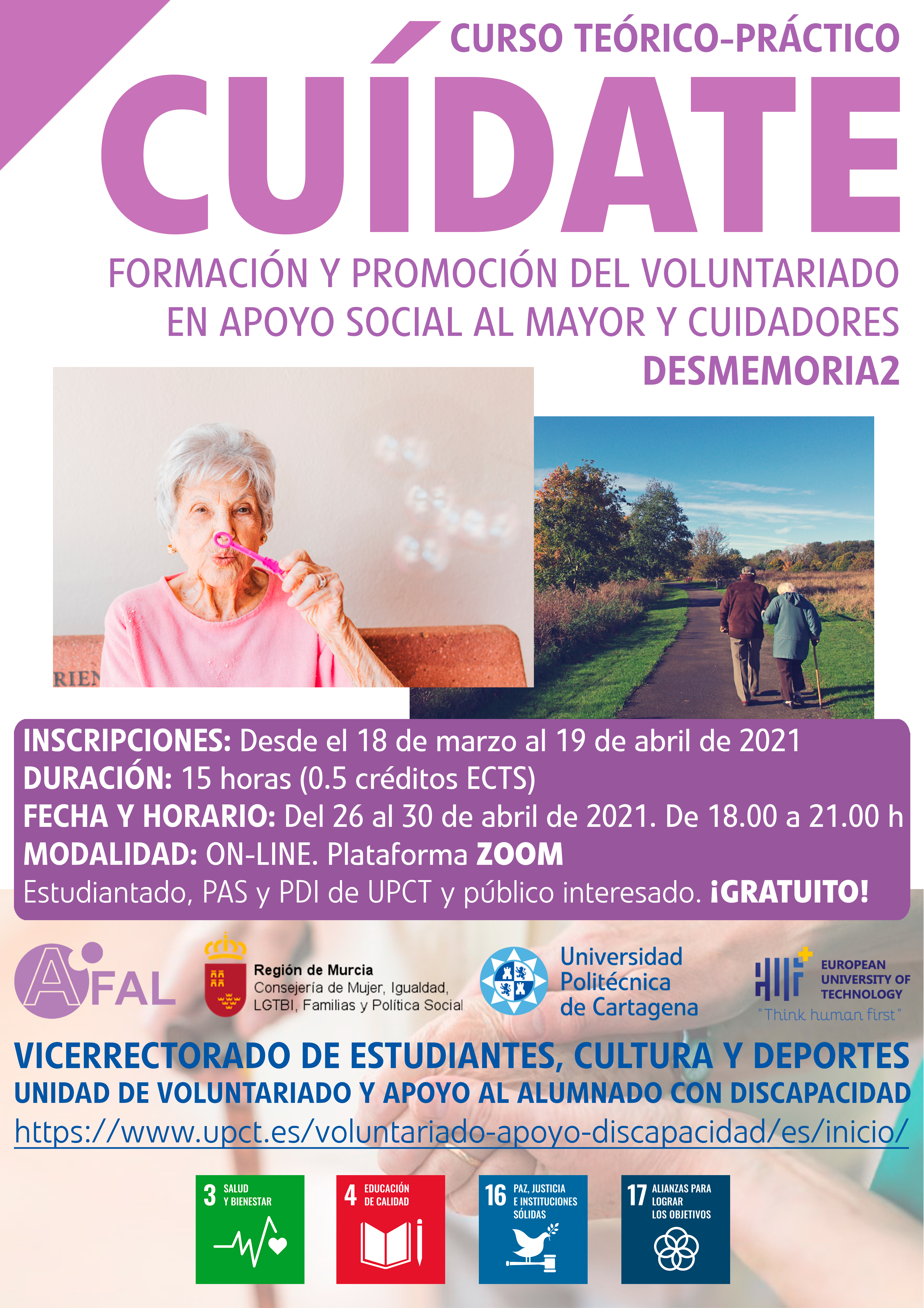Curso: CUÍDATE: Formación y promoción del voluntariado en apoyo social al mayor y cuidadores. DESMEMORIA2.  Código 53222