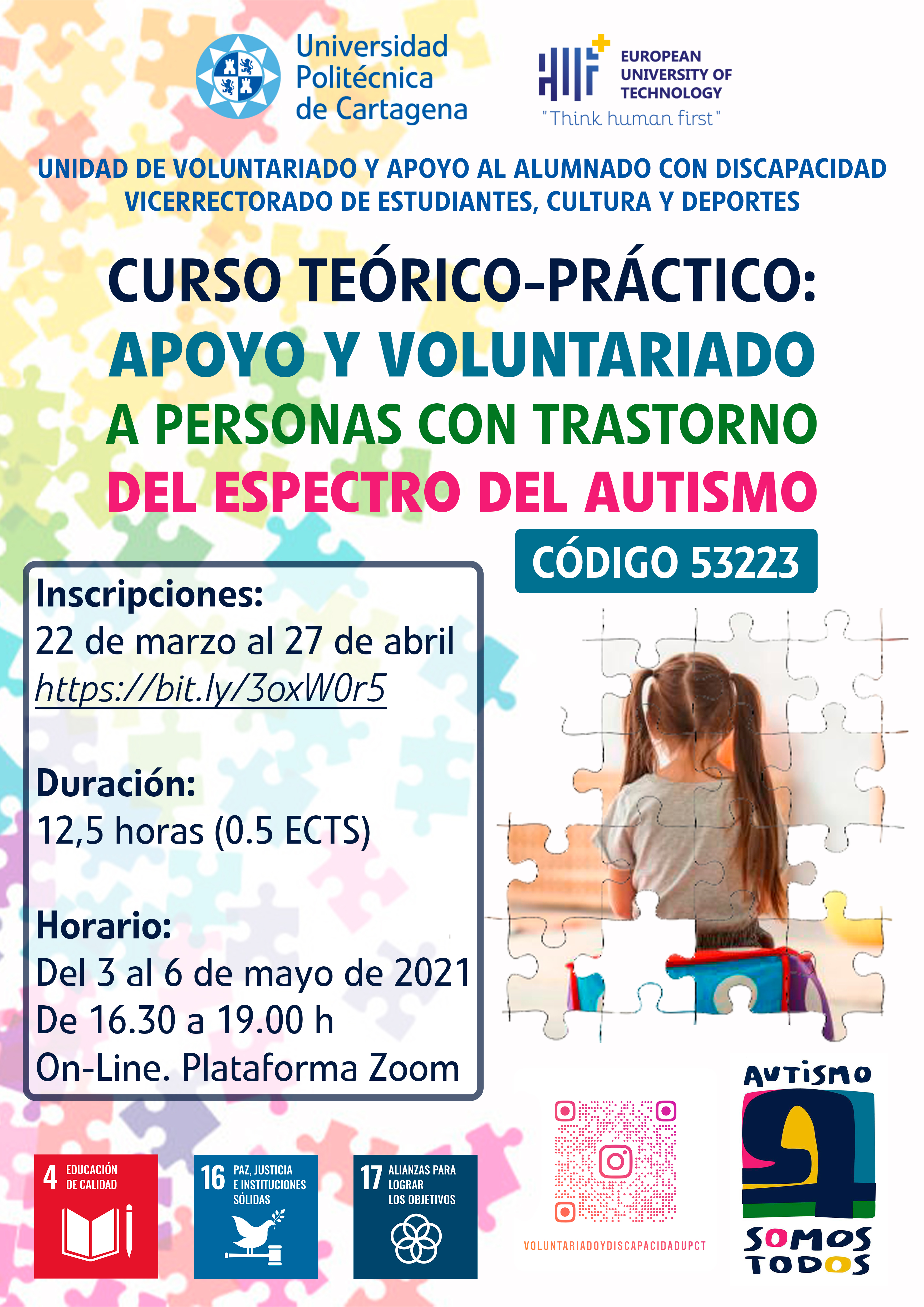 Curso teórico-práctico: apoyo y voluntariado a personas con trastorno del espectro del autismo (tea). Código 53223